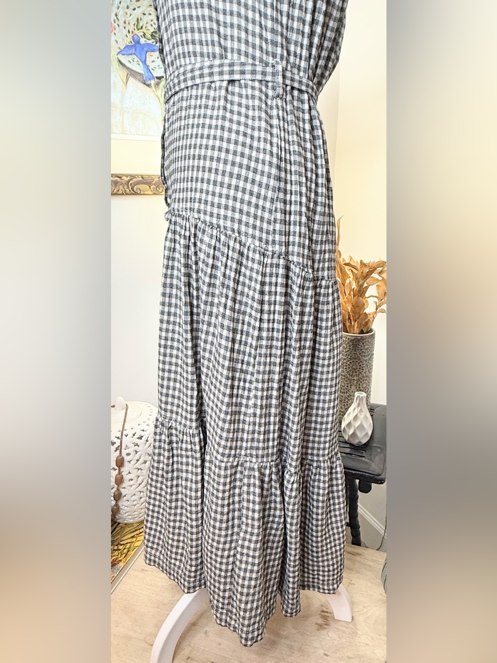 Max Studio Gingham Tiered Midi Dress XS Gray White Sleeveless Belted Cottagecore - Picture 7 of 10